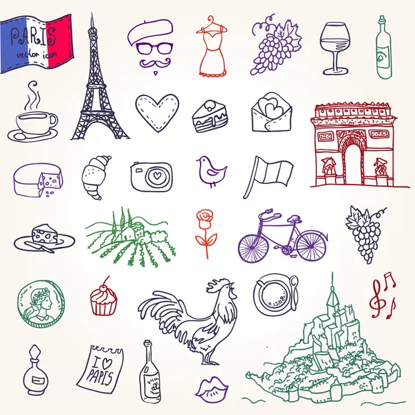 Symbols of France as funky doodles — Stock Vector