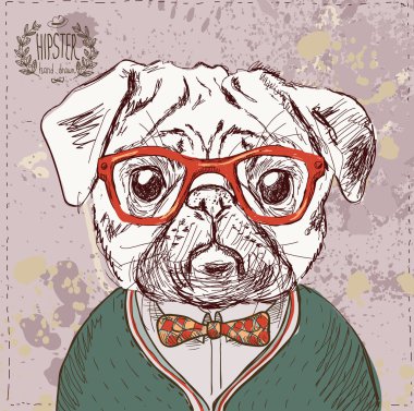 Vintage illustration of hipster pug dog clipart