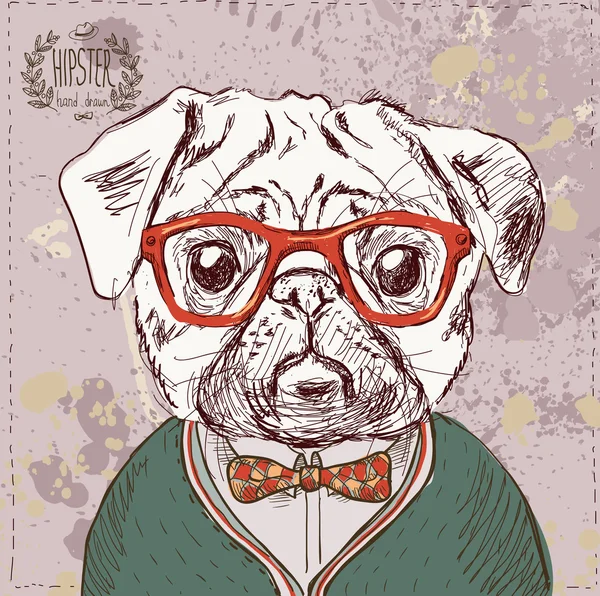 Vintage illustration av hipster mops hunden — Stock vektor