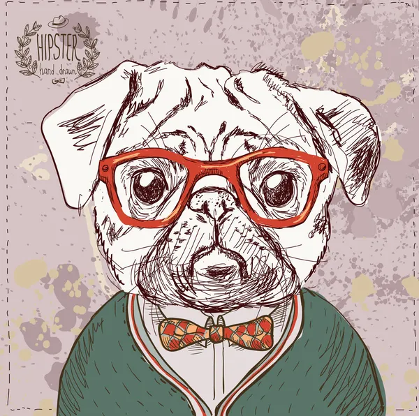 Ilustración vintage de perro pug hipster — Vector de stock