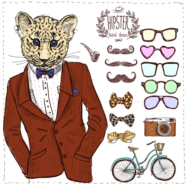 Hipster deer in suit hand drawn, — Stock Vector