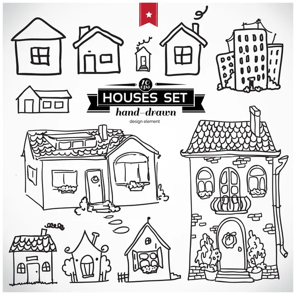 Colección de apartamentos en casa. Bosquejo vector conjunto de casas en estilo doodle — Archivo Imágenes Vectoriales