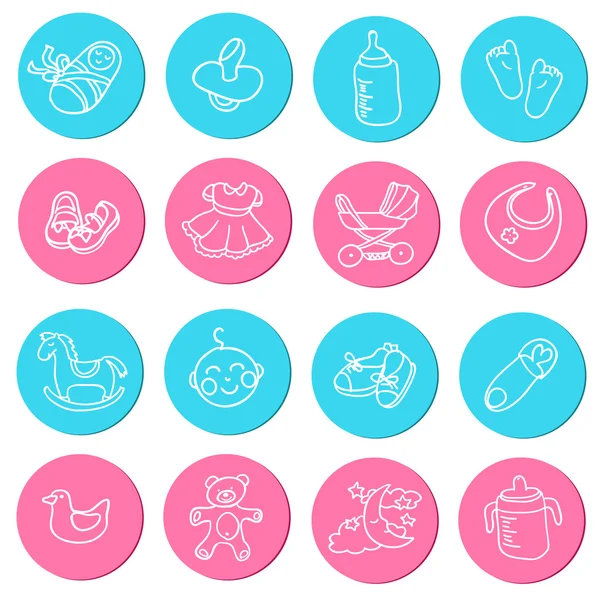 Reihe von bunten Doodles Symbole über Babywaren — Stockvektor