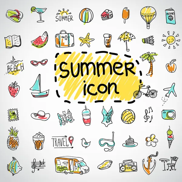 Conjunto de iconos de verano vector garabato — Vector de stock