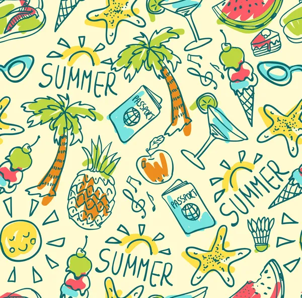 Seamless pattern of  vector doodle summer icons — Stock Vector