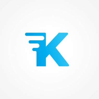 İlk alfabe logo tasarım şablonu. K harfinin akışkan etkiyle çizilmiş vektör çizimi. Çocuk ürünleri, yiyecek ve içecek, oyuncaklar, takviye, vitamin vs. için uygundur. Renk kimliği olarak mavi