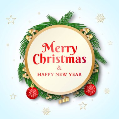 Çam dalları, kurdeleler ve Noel balosu süsüsüyle güzel ve zarif bir Noel kartı.