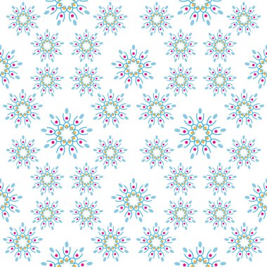 Güzel, kusursuz geometrik çiçek deseni. Soyut çiçekli arkaplan tasarım şablonu. Renkli stil grafik tasarımı. Geçmişten kalma bir süs. beyaz, mavi, pembe, bej