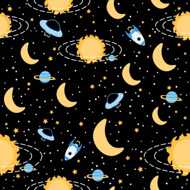 Güneş, gezegenler ve yabancı UFO 'lar, karanlık arka planda yıldızlar ve takımyıldızları, renkli süslemeleri olan galaksiler.
