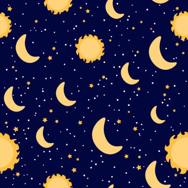 Koyu arkaplanda güneş ve ay olan yıldızsız gece deseni, ambalaj kağıdı, yatak örtüsü için süslenir.