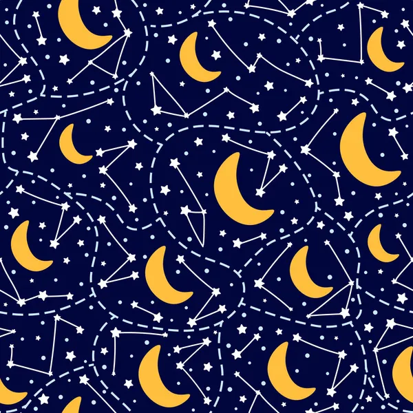 Galaxy themed seamless pattern with stars, moon and constellations in cartoon style on dark background for — Stock Vector