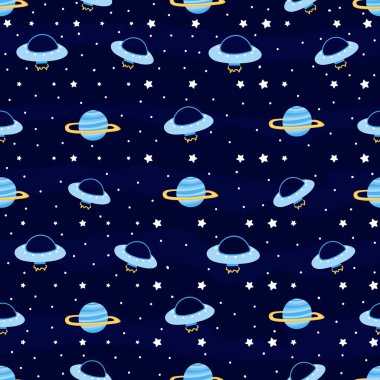 Uzay gemileriyle galaksi macerası ve çocuklar için çizgi film tarzında koyu arkaplanda UFO dikişsiz desen