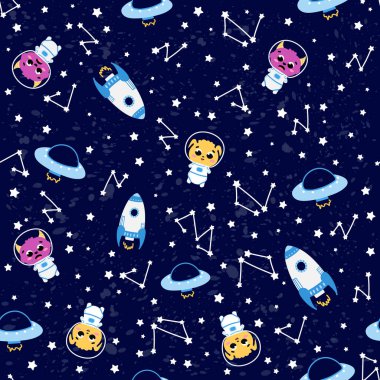 Galaksi macerası sevimli tüylü uzaylı canavarlar, uçan UFO ve uzay gemileri, yıldızlar ve takımyıldızları, kusursuz desenler.