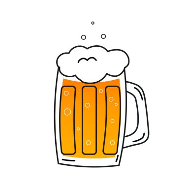 Tatil günleri için bira bardağı sembolü ya da beyaz arka planda izole edilmiş el çizimi tarzı, köpüklü cam ve sıvı