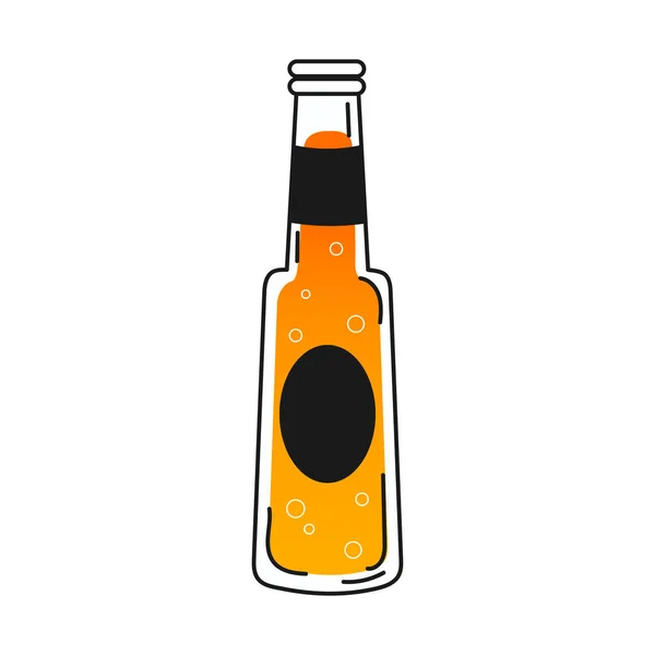 Beer bottle in hand drawn style with bublles on white background, breewery element in black and yellow colours — Stock Vector