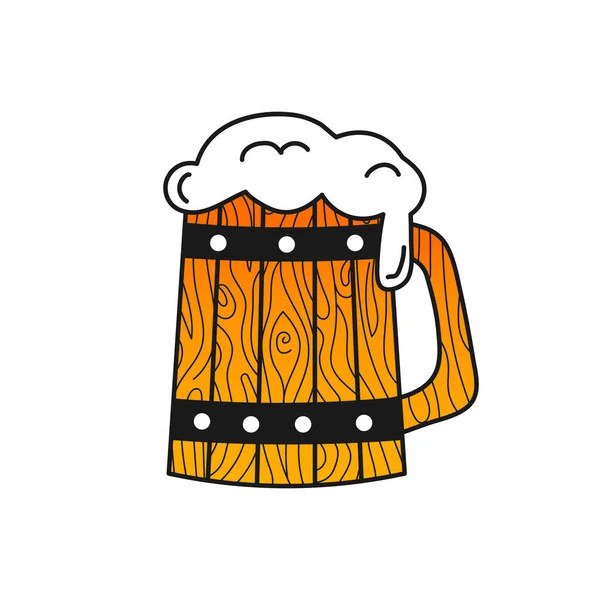 Doodle woden mug bir kerajinan untuk desain menu bir atau simbol untuk pembuatan bir ioslated di latar belakang putih - Stok Vektor