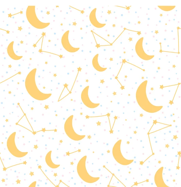 Patrón infantil de noche estrellada sin costuras con estrellas, constelaciones y luna en estilo dibujado a mano para textiles — Vector de stock