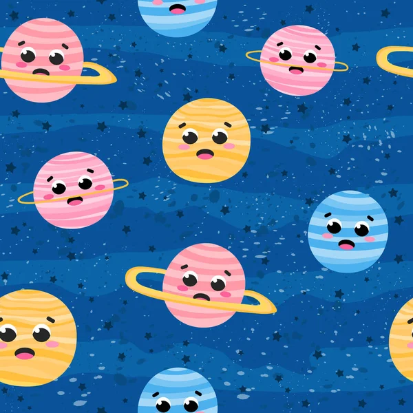 Barnsligt utrymme sömlös mönster med söta planeter ccharcters på blå bakgrund med stjärnor, prydnad för sängkläder — Stock vektor