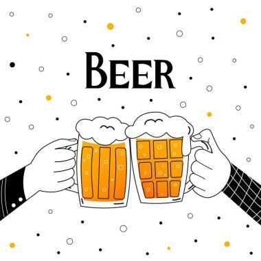 Bira bardaklarını tutan ve beyaz arka planda izole edilmiş tezahürat yapan iki el, el yazması bira, barda parti kutlaması, mutlu bira günü veya oktoberfest afişi
