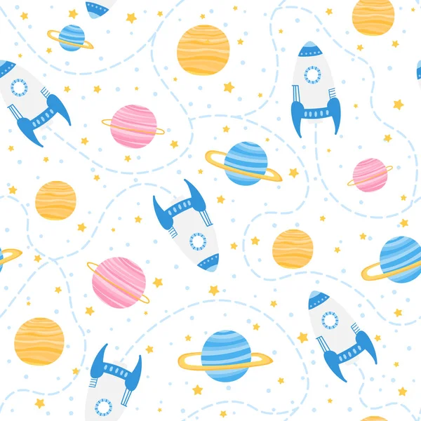 Cute childish space seamless pattern with spaceships and planets on white background — Stock Vector