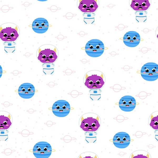 Cute Childish Space Seamless Pattern Alien Astronaut Planets White Background — Stock Vector