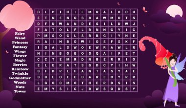 Fantezi dünyası kelime avı oyunu. İçinde dev mantarlar olan bir peri oyunu. Çocuklar için çizgi film tarzı bir bulmaca.