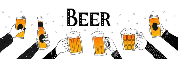 Tangan memegang gelas bir dengan huruf, spanduk untuk gurita, desain tempat pembuatan bir, pesta perayaan, festival bir - Stok Vektor