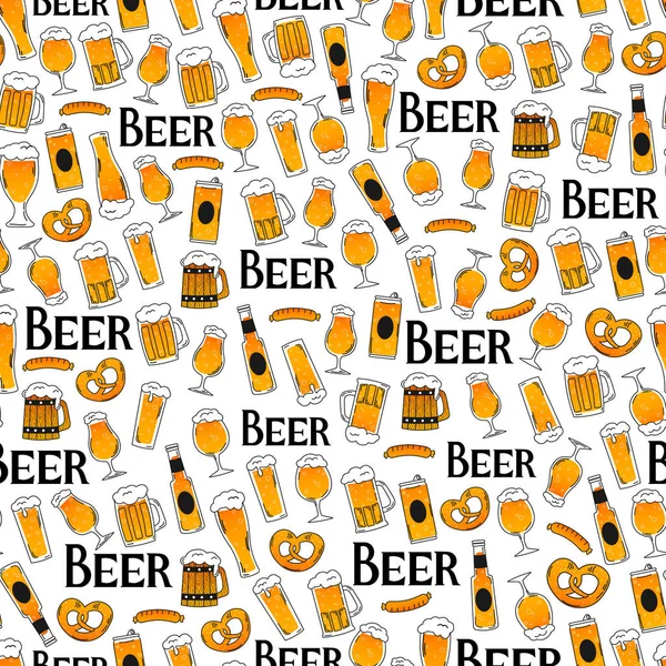 Bardaklar, şişeler, bidonlar ve bira sürahisi dolu dikişsiz bira kalıpları, bira fabrikası tasarımı süsü — Stok Vektör