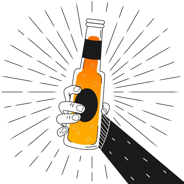 Tangan memegang botol bir dalam gaya kartun pada poster latar belakang putih, sorak-sorai ilustrasi, pesta di pub, - Stok Vektor