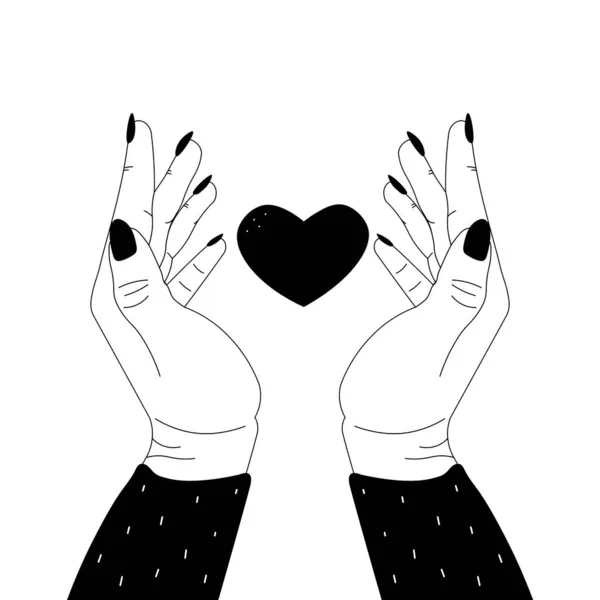 Femme mains tenant coeur dans un style linéaire minimaliste pour la charité ou la Saint-Valentin autocollant ou tatouage sur fond blanc — Image vectorielle