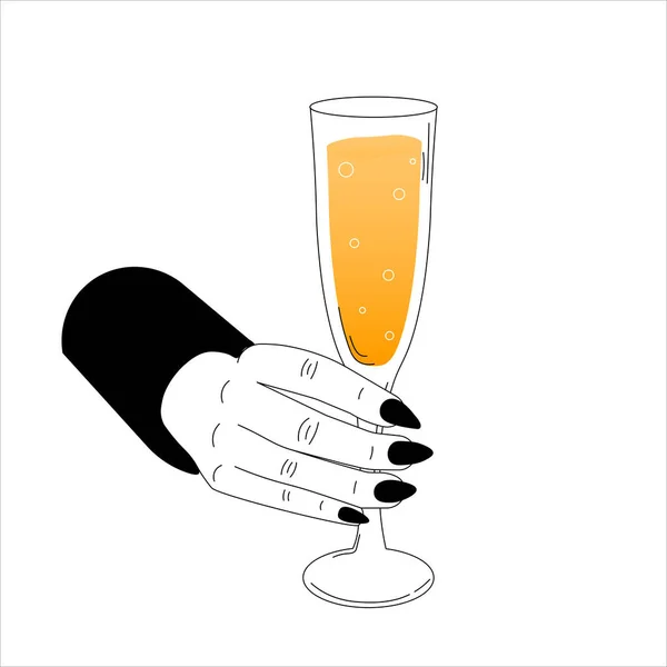 Vrouw hand holding glas champagne, bubbels in zwart-wit stijl, feest vieren met drinken — Stockvector