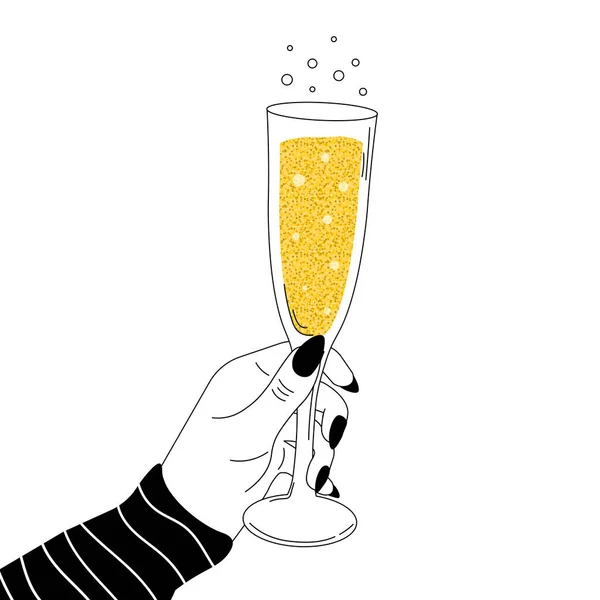 Женская рука с бокалом шампанского, блестками и пузырьками в черно-белом стиле, праздник вечеринок — стоковый вектор