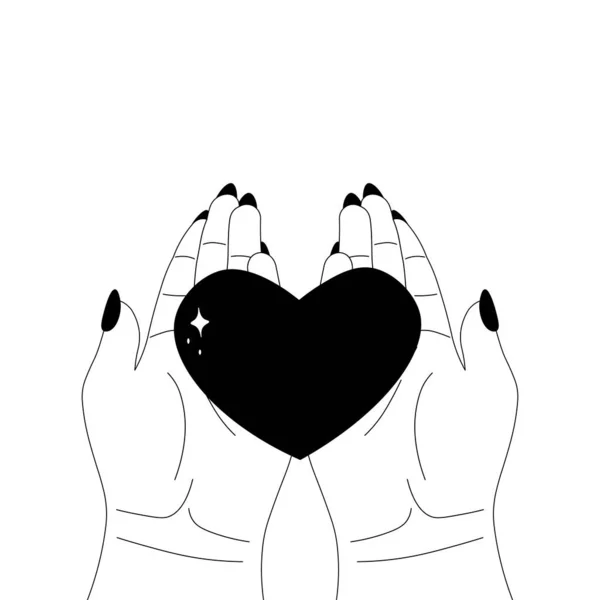 Женские руки, держащие сердце в ладонях, концепция любви к себе в линейном стиле, наклейка на валентинку или татуировку, сделанная с любовью — стоковый вектор