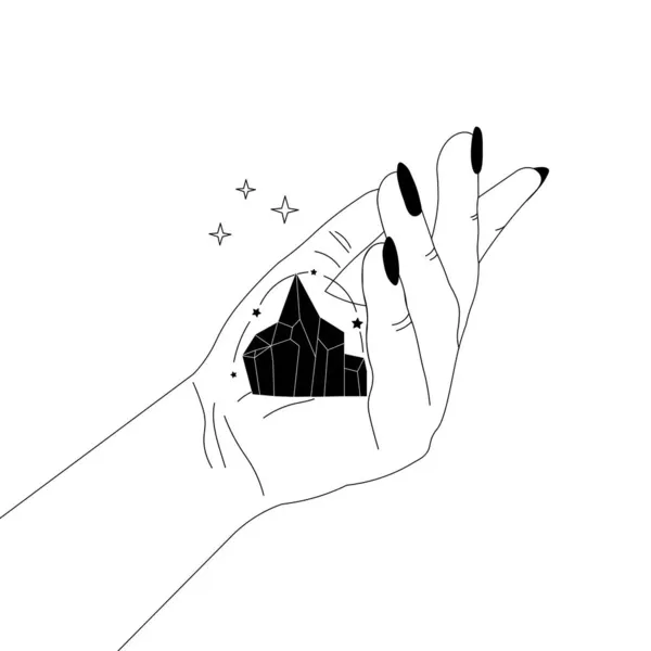 Femme main tenant cristal, pierre de guérison illustration mystique dans un style linéaire minimaliste sur fond blanc — Image vectorielle