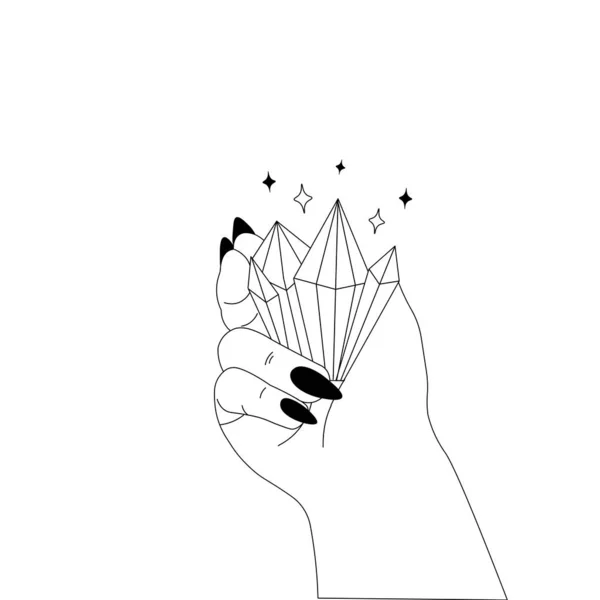 มือผู้หญิงถือคริสตัล, โบโฮ ภาพมายากลลึกลับในสไตล์เชิงเส้นต่ําสุดบนพื้นหลังสีขาว — ภาพเวกเตอร์สต็อก