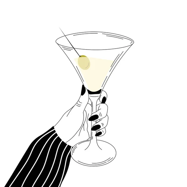 Mujer mano sosteniendo vaso de martini, tiempo para relajarse concepto, bebida alcohólica ilustración en estilo blanco y negro — Vector de stock