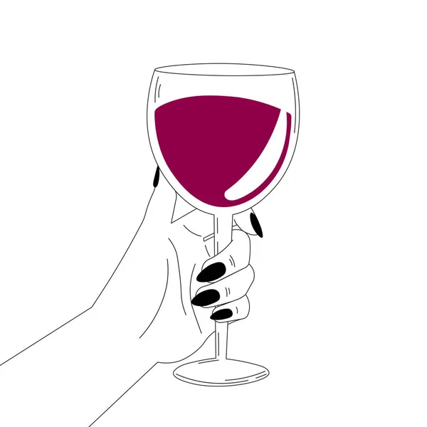 Mujer mano sosteniendo copa de vino, amante del vino o concepto de autocuidado aislado sobre fondo blanco — Vector de stock