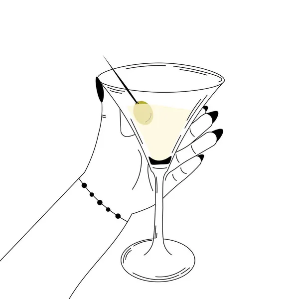 Femme main tenant verre de martini, fête d'anniversaire de style noir et blanc sur fond blanc — Image vectorielle