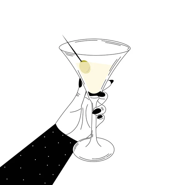 Main tenant verre de martini, fête d'anniversaire dans un style noir et blanc sur fond blanc — Image vectorielle