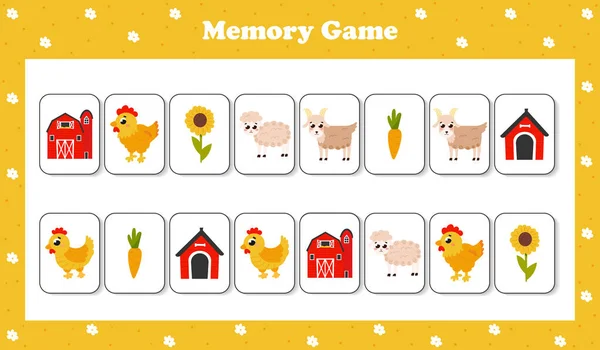 Hayvanlarla, sebzelerle ve çiftlik evleriyle karikatür tarzında çiftlik temalı hafıza oyunu, çocuklar için basılabilir çalışma tablosu, mantıksal bulmaca