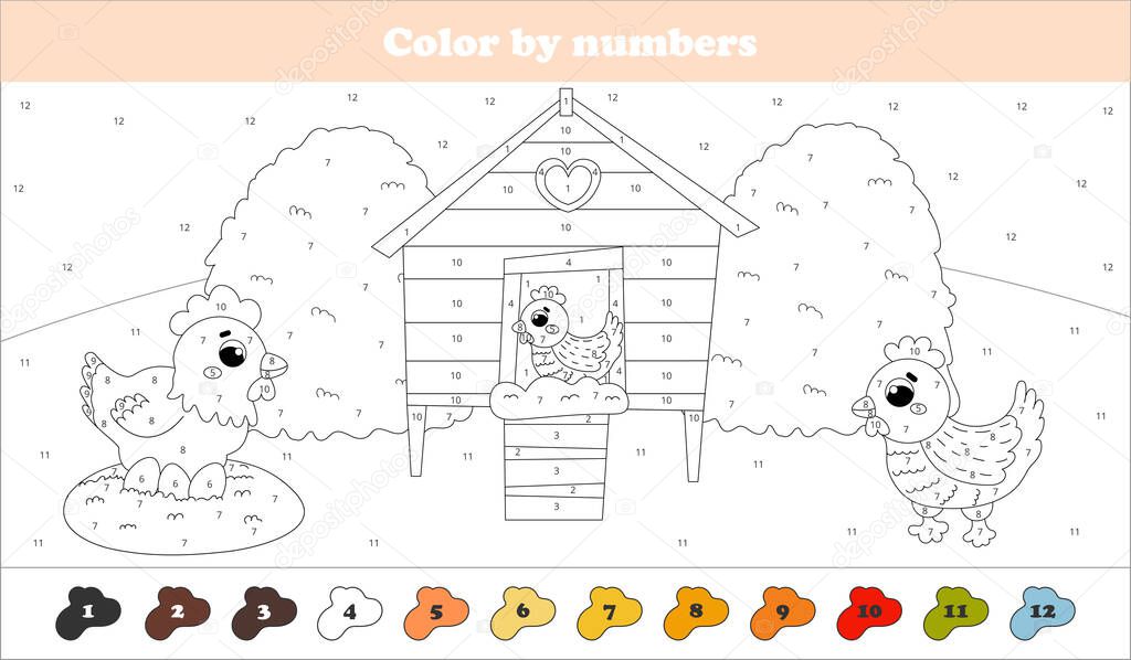 Color by numbers page with cute chicken, hen and eggs, printable worksheet for kids for farming theme, black and white colouring page