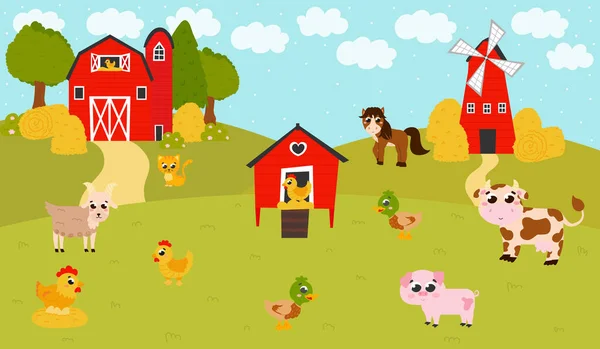 Bauernhof Hintergrund Mit Stall Und Windmühle Hühnerstall Und Nutztieren Cartoon — Stockvektor