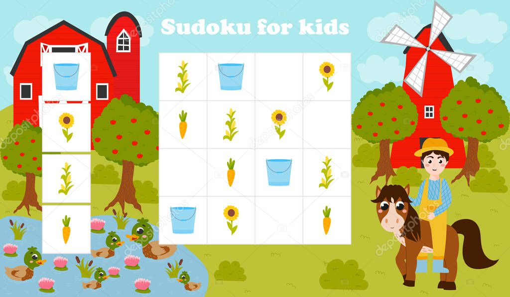 Colorful sudoku game for kids with farmer and horse, pond with ducks, barn and farm objects in cartoon style, printable worksheet with logical game