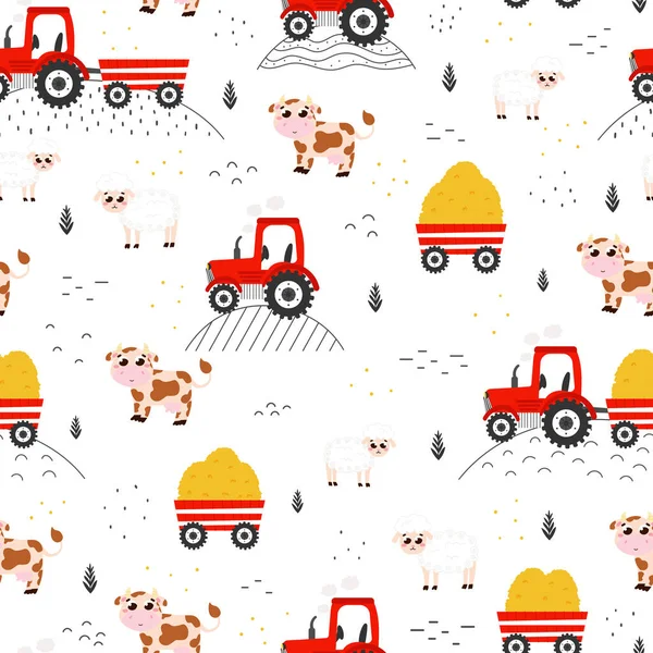 Seamless Pattern Tractors Haystacks Cows Sheeps Childish Cartoon Style Ideal — Stock Vector