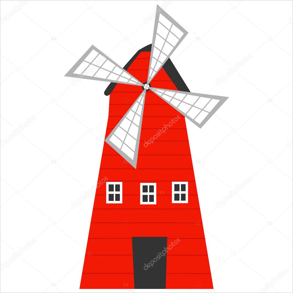 Red windmill in cartoon style isolated on white background, farm animal, rural lifestile concept for children books or posters