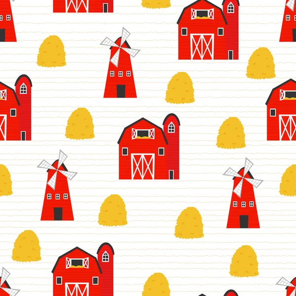 多彩的农场生活模式 有风车和谷仓 孩子气风格的干草堆 壁纸或包装纸的条纹无缝装饰 乡村生活方式 — 图库矢量图片