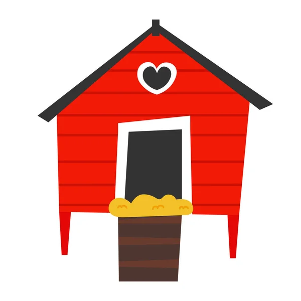 Çizgi film tarzında kırmızı kümes beyaz arka planda, çiftlik hayvanı, çocuk kitapları için kırsal yaşam konsepti