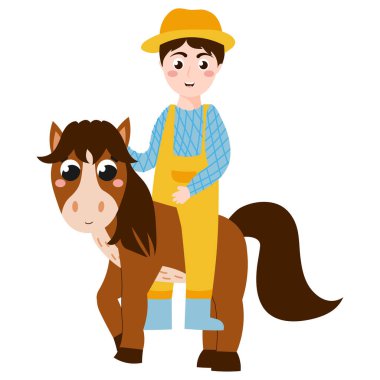 Beyaz arka planda, çiftlikte ya da kırsal alanda çocuklar için izole edilmiş çizgi film tarzında at temizleyen erkek çiftçi.