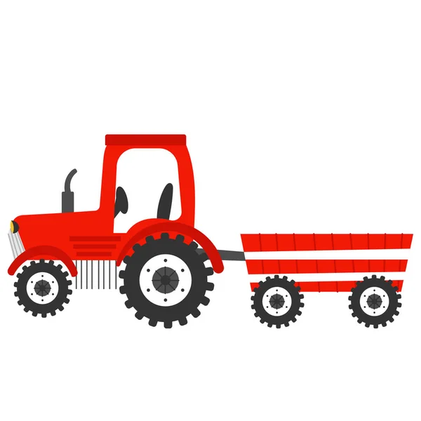Tractor rojo en estilo de dibujos animados aislado sobre fondo blanco, transporte agrícola, concepto de estilo de vida rural para libros infantiles — Vector de stock