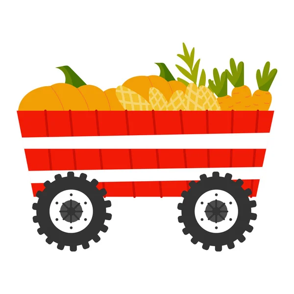 Red trailer with vegetables in cartoon style isolated on white background, farm transport, rural lifestile concept — Vetor de Stock